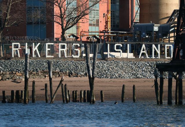 A sign marks the location of the Rikers Correctional Center in the East River on March 9, 2021 in New York City.